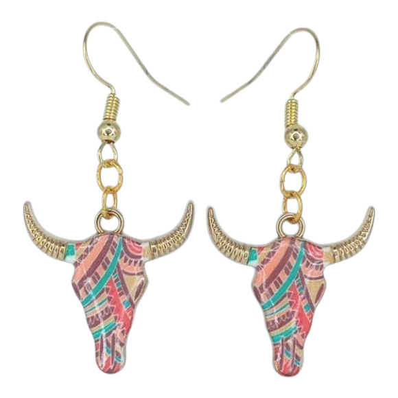 Western Bull Skull Earrings | Rodeo Cowgirl Dangle Jewelry - Picture 1 of 4